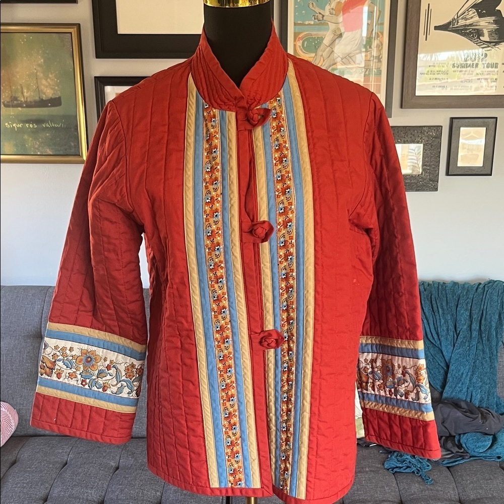 Vintage hand made Red Quilted Jacket with Floral Stripes. Size Large?